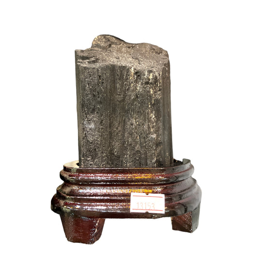 Raw Black Tourmaline Stone Display with Wooden Stand