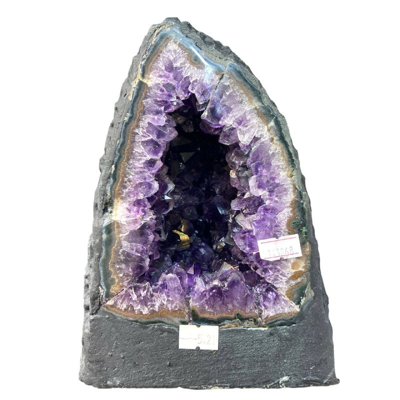 Medium Natural Uruguay Amethyst Geode Cave in Tall Mountain Shape with Wooden Base