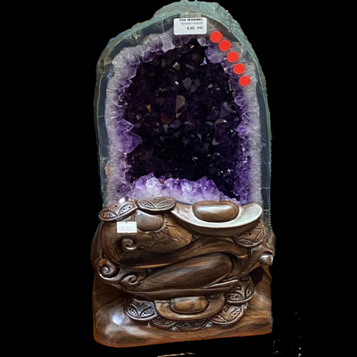 9.6KG Medium Natural Uruguay Amethyst Geode Cave in Tall Mountain Shape with Wooden Base