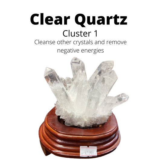 Natural Clear Quartz Cluster with Wooden Base