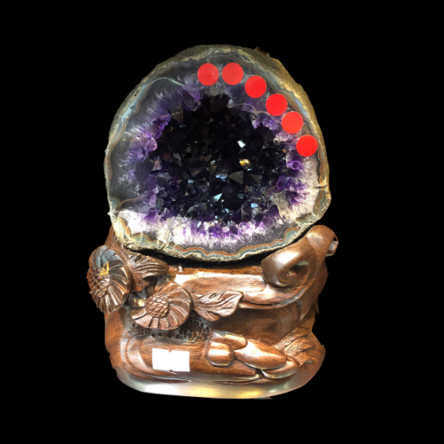 Medium Natural Uruguay Amethyst Geode Cave in Round Money Pouch Shape with Wooden Base