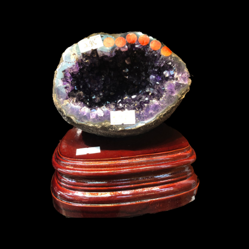 2.85KG Small Natural Uruguay Amethyst Geode Cave in Round Money Bag Shape with Wooden Base