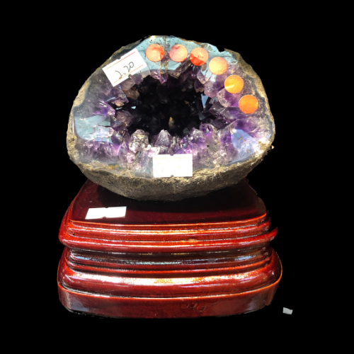 2.2KG Small Natural Uruguay Amethyst Geode Cave in Round Money Bag Shape with Wooden Base