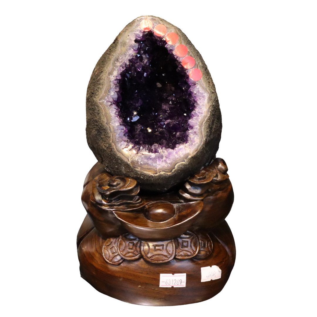 6.5KG Medium Natural Uruguay Amethyst Geode Cave in Round Money Bag Shape with Wooden Base