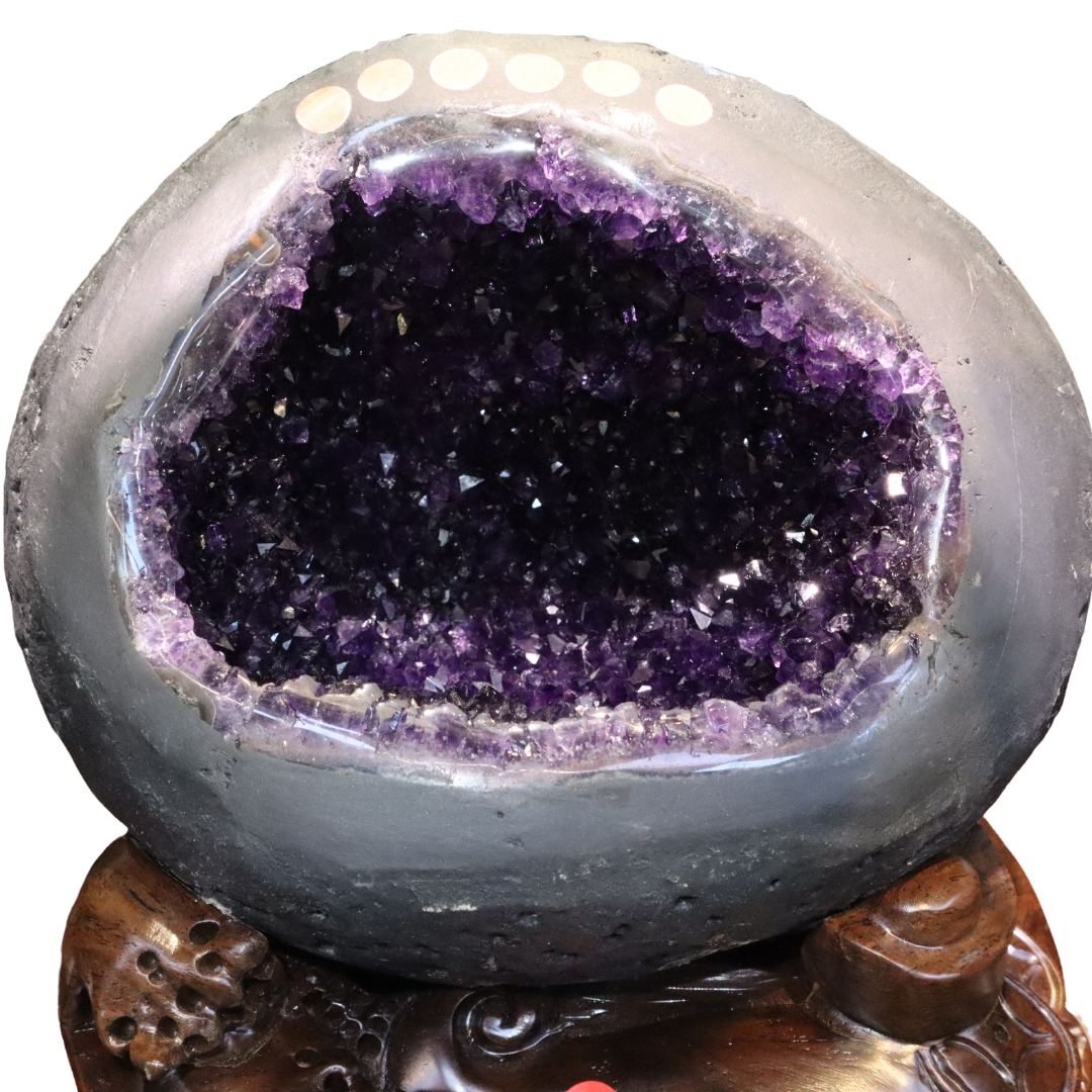 *PREMIUM* 20.5KG Large Natural Amethyst Geode Cave in Round Money Bag Shape with Wooden Base