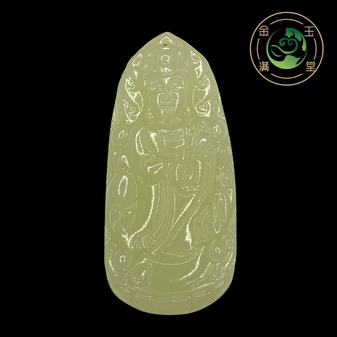 Natural Afghanistan White Jade Standing Guan Yin Goddess of Mercy Mutton Fat Pendant