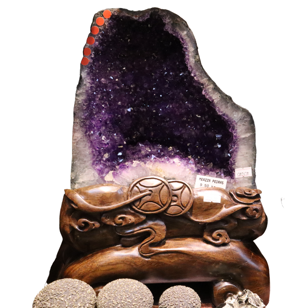 9.5KG Medium Natural Uruguay Amethyst Geode Cave in Tall Mountain Shape with Wooden Base