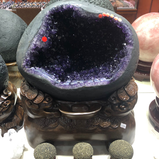 *PREMIUM* 40.5KG Large Natural Uruguay Amethyst Geode Cave in Round Money Bag Shape with Wooden Base