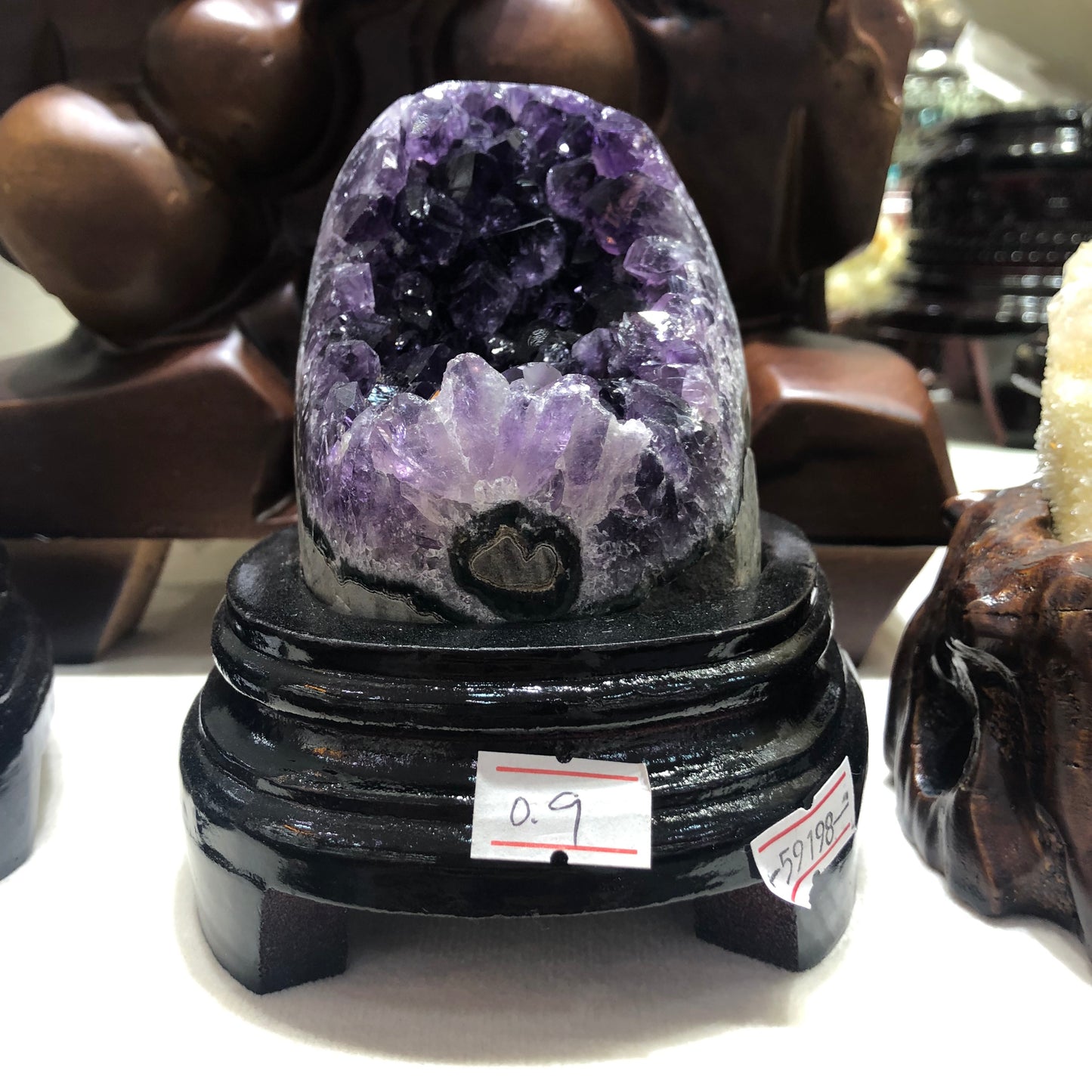 600g Natural Amethyst Uruguay Piece Fengshui Display with Wooden Base