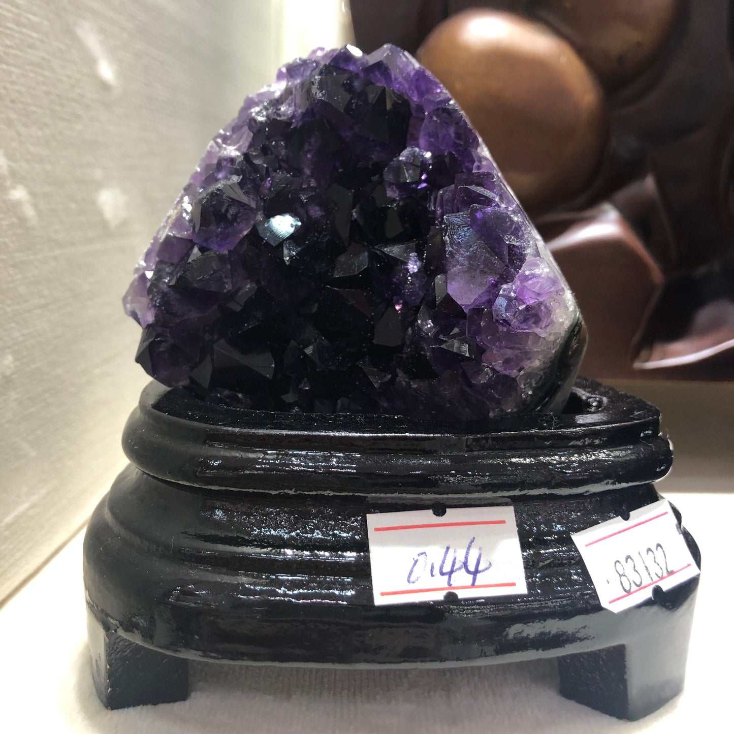 440g Natural Uruguay Deep Amethyst Piece Fengshui Display with Wooden Base