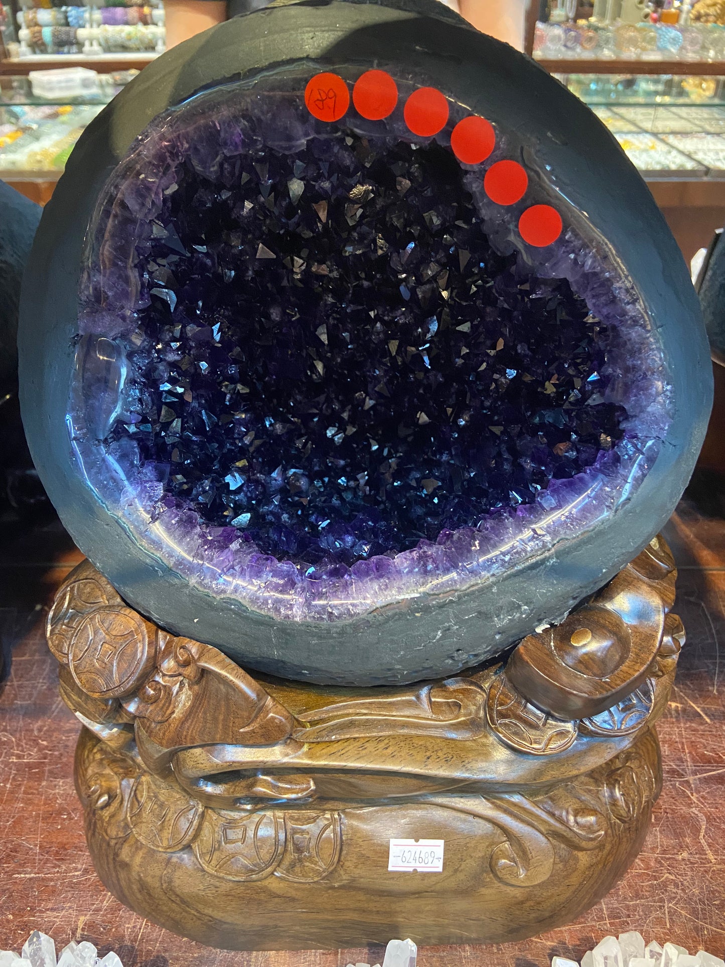 *PREMIUM* 18.9KG Large Natural Uruguay Amethyst Cave Geode in Round Money Bag shape with Wooden Base