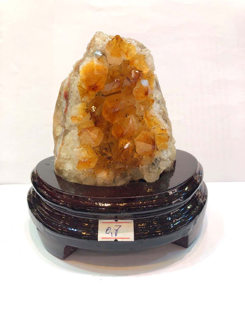 800g Natural Brazil Citrine Piece Fengshui Geode Display with Wooden Base