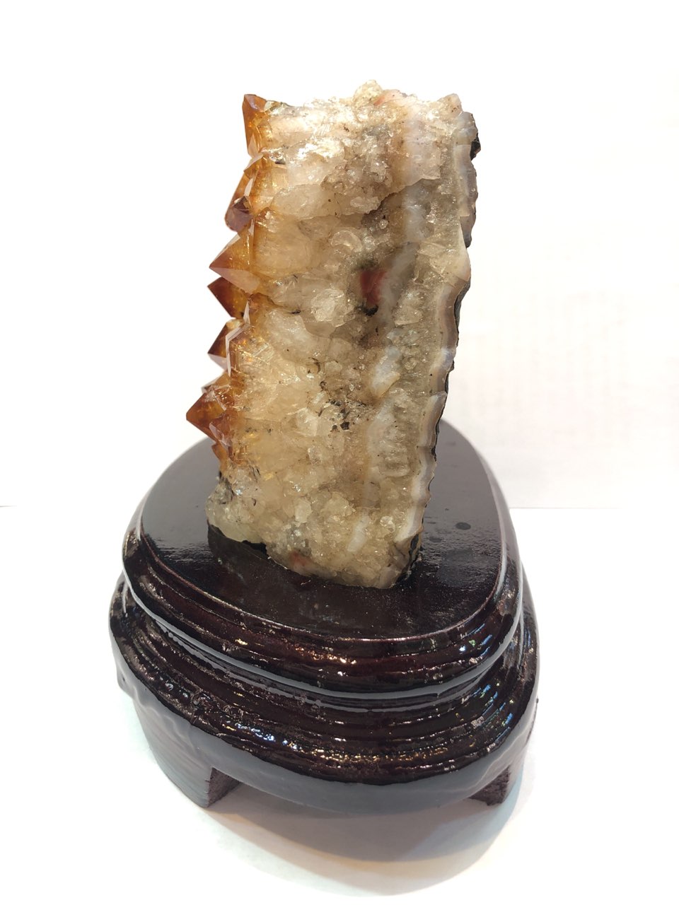 800g Natural Brazil Citrine Piece Fengshui Geode Display with Wooden Base